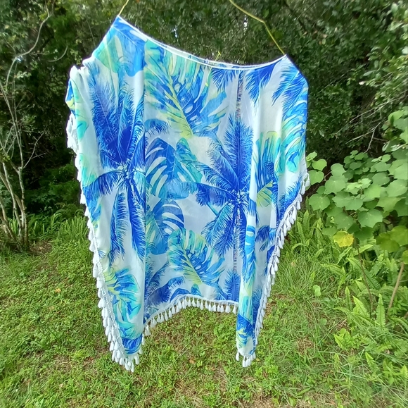 SHEIN Tropical Beach Cover-Up or Blouse Blue Palm Trees and Tassels - Picture 3 of 10